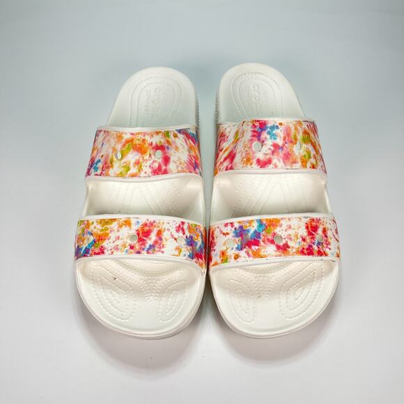 Crocs Classic Slides White Pink Tie Dye Two Strap Sandals Shoes Men’s Size 12 - Picture 3 of 10
